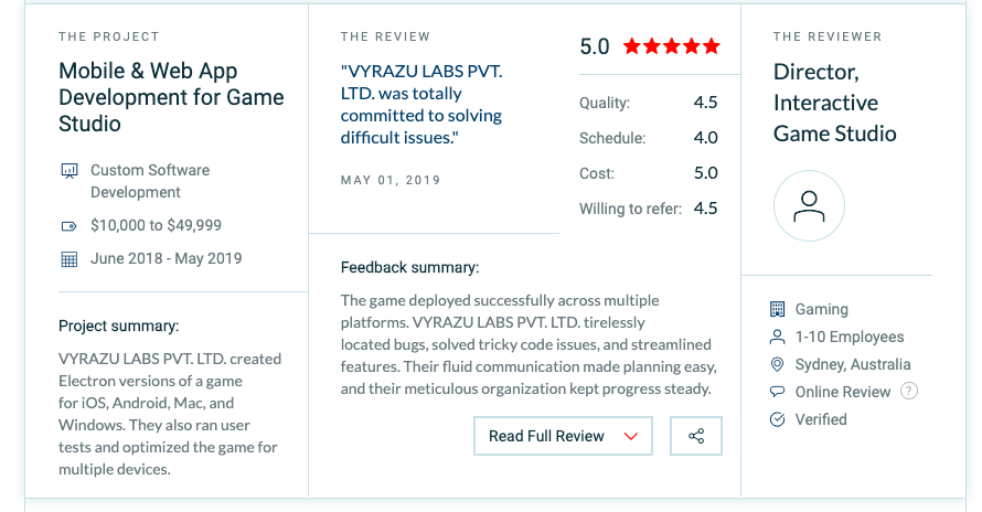 Hard Work Pays off: Vyrazu Labs is Getting listed as a top development company for Mobile Apps and Web Application Development 4 Interactive Game Studio